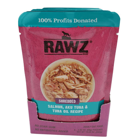 8/2.46 oz RAWZ Shredded Salmon, Aku Tuna & Tuna Oil Recipe Pouches