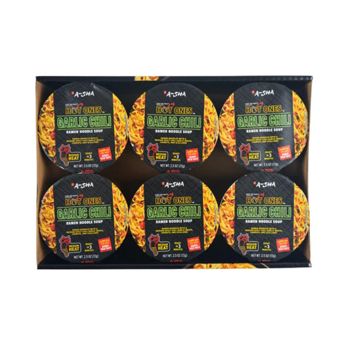 6 Pack, A-Sha x Hot Ones Spicy Ramen Noodle Soup Cup, Garlic Chili (Medium Heat) Flavor, Premium Microwaveable Ramen