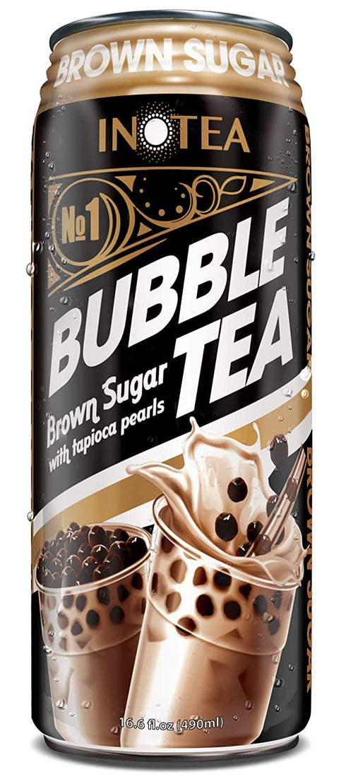 (Pack 12) (16.6oz/can). of INOTEA Bubble Tea Brown Sugar Flavor. Ready to Drink in a Can Black Milk Tea with Boba.