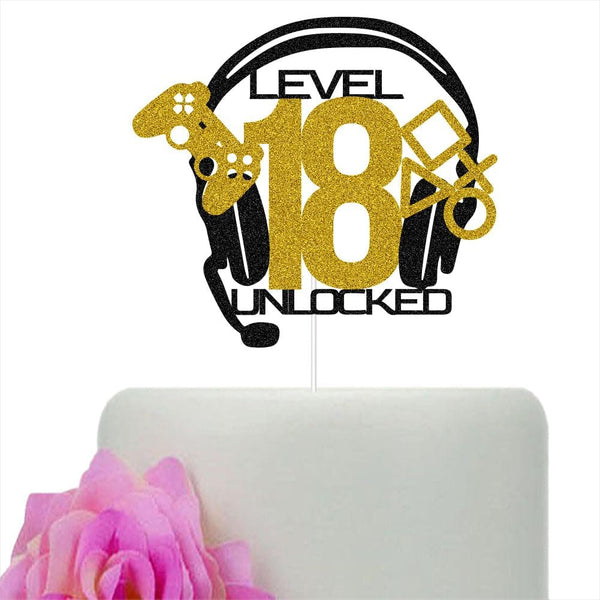 Level 18 Unlocked Cake Topper: Video Game Happy 18th Birthday Cake Decorations, Gold & Black Glitter