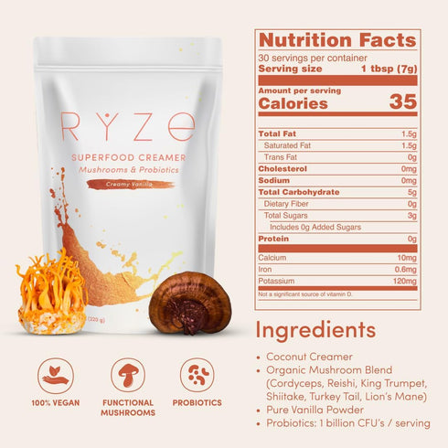 6 30 RYZE SUPERFOODS Probiotic Coffee Creamer with Organic Adaptogenic Mushrooms & Probiotics for Energy, Focus