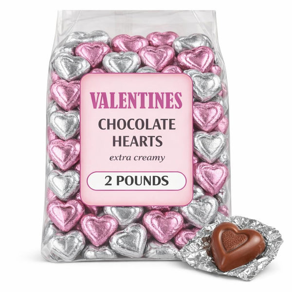 Valentine's Day Milk Chocolate Hearts, 2 Lbs Bulk, Individually Wrapped Pink and