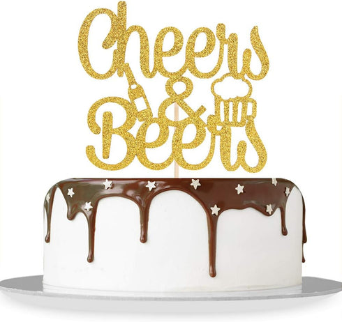 Gold Glitter Cheers & Beers Cake Topper for Happy Birthday, Engagement, Graduation, Wedding Party Decorations