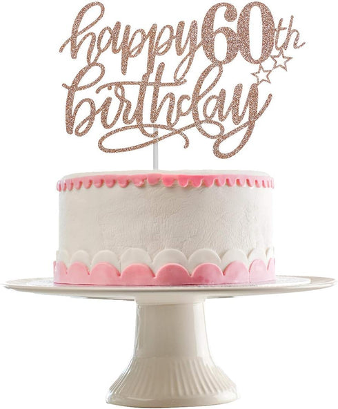 Happy 60th Birthday Cake Topper, Rose Gold Glitter 60th Anniversary Cake Decorations