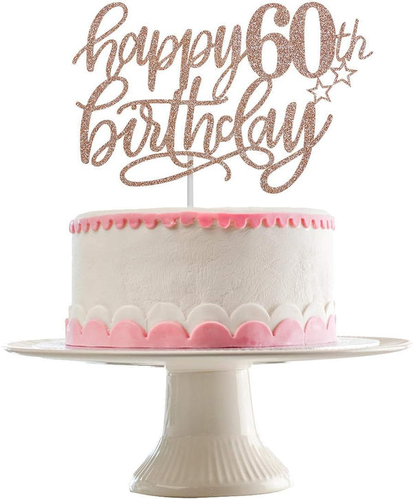 Happy 60th Birthday Cake Topper, Rose Gold Glitter 60th Anniversary Cake Decorations