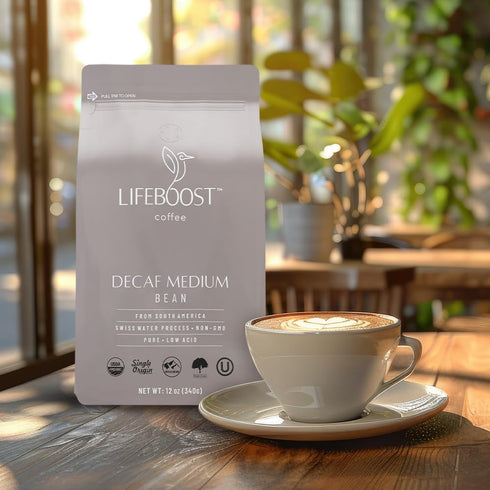 12 oz Lifeboost Medium Roast Swiss Water Decaf Whole Bean Coffee - Low Acid Organic Decaf Coffee, Non-GMO, USDA