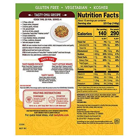 DAILYLIVE Simmered 8 (10 oz.) Tasty Bite Organic Vegetarian All Natural Indian Madras Lentils: Lentils, Red Beans