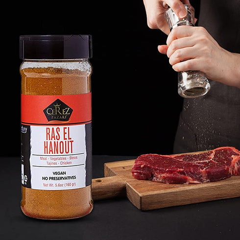 Cerez Pazari Ras El Hanout Meat Seasoning 5.6oz-160g, Moroccan Meat Spice Blend, 100% Natural, Gluten Free