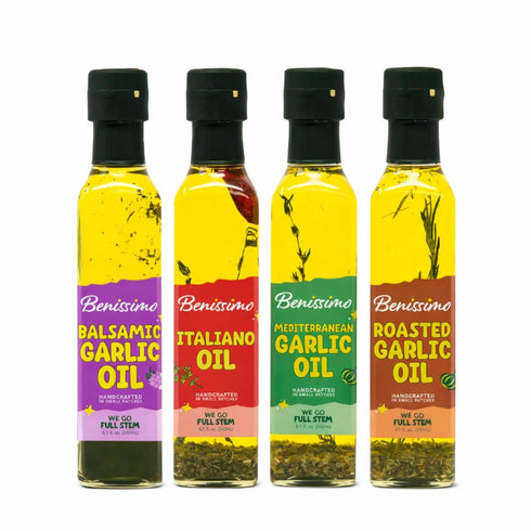 Pack 4 Set, 8.1 oz Benissimo Herb Infused Cooking Oil Chef Artisan Flavored Oils: Italiano, Roasted Garlic