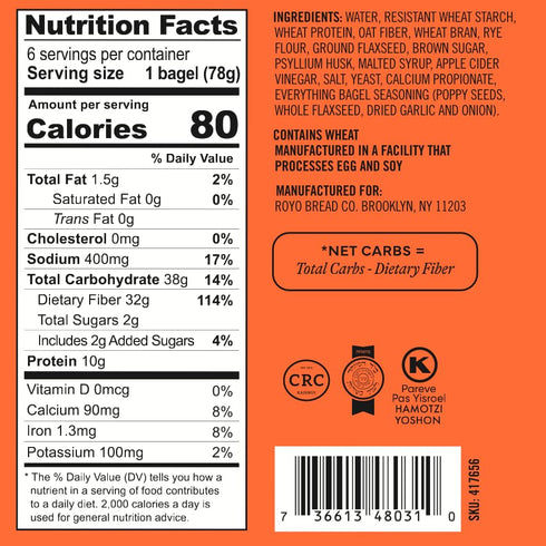 2-Pack 30-80 ROYO BREAD CO. NON-Assorted Low Carb Artisan Bread and Bagels, Calories (Everything Bagels)