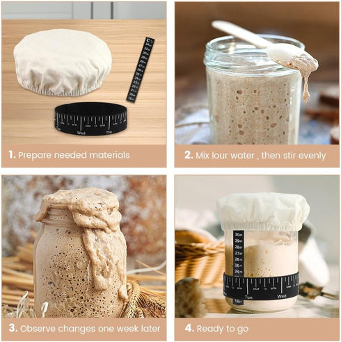 Olnverath 9pcs Set,3 Cover,3 Thermometer,3 Sourdough Starter Bread Fermentation Feeding Date Band,Sourdough Bread
