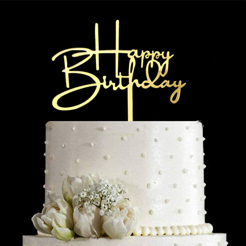 Happy Birthday Acrylic Cake Topper Decoration for Special Event, Mirror Gold