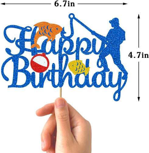 Glorymoment Birthday Fishing Cake Toppers, Glitter Blue Bobber Double Sided Cake Topper for Fisherman Party Supplies
