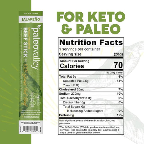 100% Paleovalley Grass Fed Jalapeno Beef Sticks - Delicious Gluten Free Beef Snack - High Protein Keto Friendly