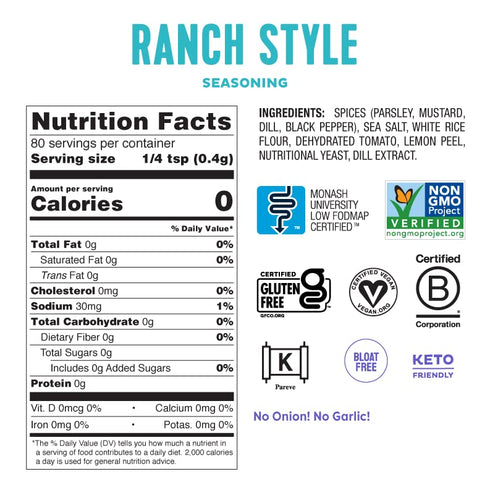 Fody Foods Ranch Seasoning: Flavorful Grilling Seasoning, Low Fodmap Certified, Gut & IBS Friendly, 1.1 Ounce