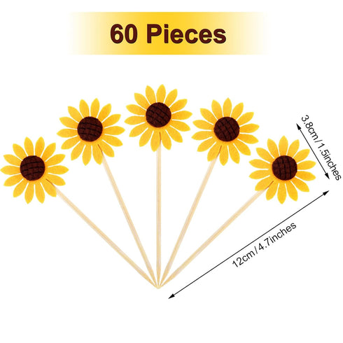 60 Pieces Sunflower Cupcake Toppers, Yellow Flower Cake Picks for Wedding Party Supplies