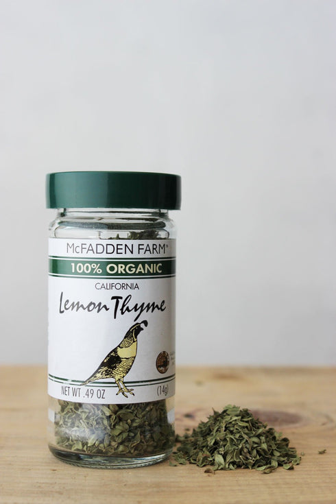 packed 0.49 oz. McFadden Farm Organic Lemon Thyme, Dried Herb, Grown and in the U.S.A., in glass jar