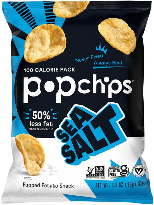 Popchips Potato Chips, Sea Salt, 12ct Single Serve 0.8oz Bags, Low-Calorie and