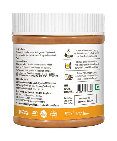 350g 26g 7.2g B3, Pintola Classic Peanut Butter Creamy - Original American Recipe with High Protein & Fiber, Premium