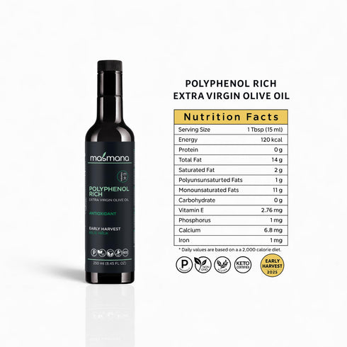 100% 250 mL (8.45 Masmana High-Polyphenol Extra Virgin Olive Oil Early Harvest & Cold Pressed, Polyphenol-Rich EVOO