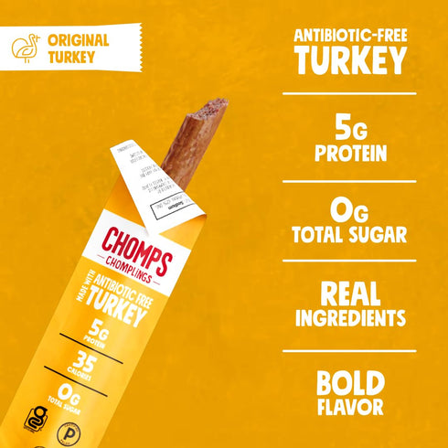 0.5 (Pack 6) CHOMPS MINI Free Range Turkey Jerky Meat Snack Sticks, Original Turkey, Ounce