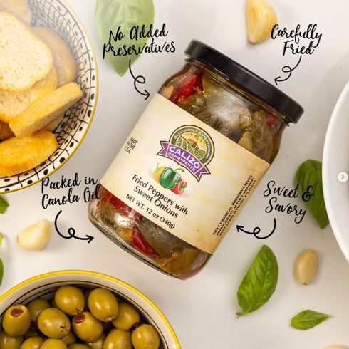 12 oz Calizo Condiments Fried Peppers & Sweet Onions Jar Small Batch Italian Recipe, Gourmet Topping for Sandwiches
