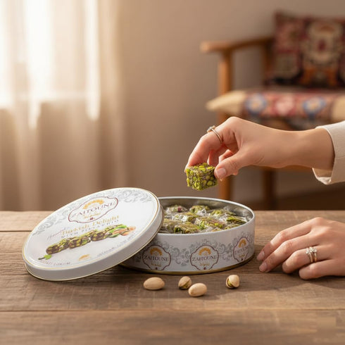 0.55 lb Zaitoune Pistachio Covered Turkish Delight | Stuffed with Delicious Nuts, Coated with Chopped Pistachios |