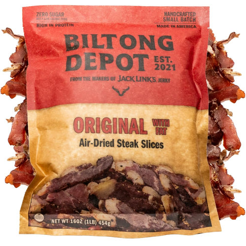 1lb (16oz) Biltong Depot Original Beef Biltong Slices with Fat | Air-Dried Beef Jerky Snack | High Protein | Zero Sugar
