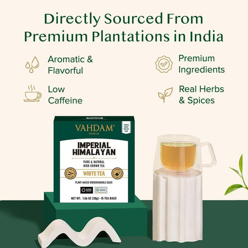 VAHDAM Imperial Himalayan White Tea Bags - 15 Count, Low Caffeine, Non GMO, Gluten Free, Individually Wrapped Pyramid