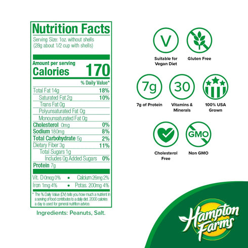 24 oz. Hampton Farms - USA Grown All-Natural - Jumbo Roasted In-Shell Salted Peanuts - Bag