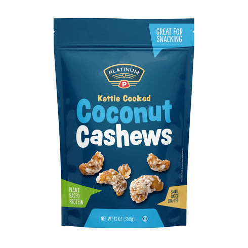 Platinum Kettle Cooked Coconut Cashews - Plant Based Protein, Fiber, Healthy Snack -