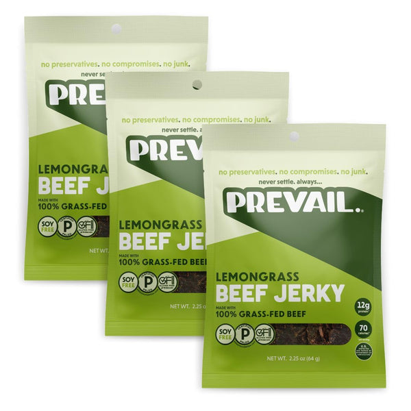 PREVAIL Lemongrass Grass-Fed Beef Jerky - Gluten Free, 100% Grass-Fed, High Protein Snacks, Pack of 3
