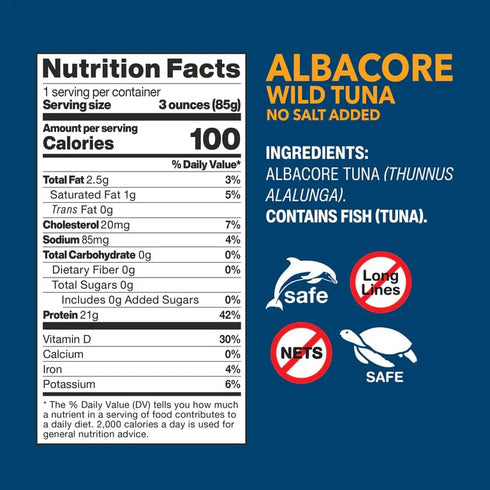 Wild Planet Wild Albacore Tuna, No Salt Added, Sustainably Wild-Caught, 3 Ounce Pouch (Pack of 1)