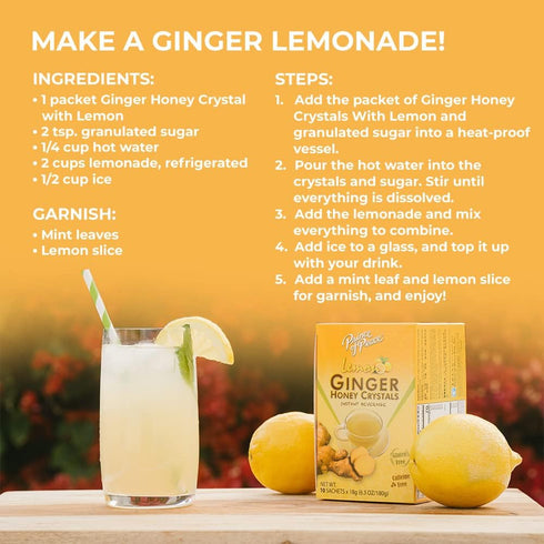 30 Prince of Peace Instant Lemon Ginger Honey Crystals, Sachets Instant Hot or Cold Beverage Easy to Brew Ginger
