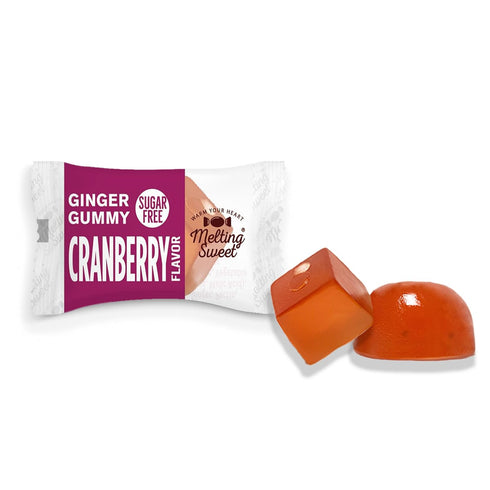 Gummies 2.5 oz, Pack 12) Melting Sweet SUGAR FREE Ginger Chew Candy - Fluten Free, Non GMO Snacks (Cranberry Flavor