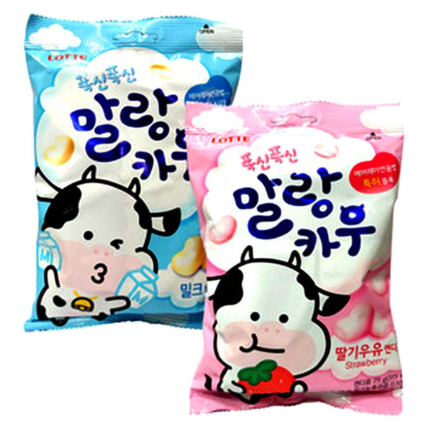 Korean Lotte Soft Malang Cow Fresh Grade Milk & Strawberry Milk Chewy Candy (Pack of 2) (2.78oz)