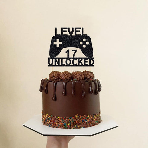 Video Game Cake Topper Level 17 Unlocked, Game Controller Decoration for 17th Birthday Party
