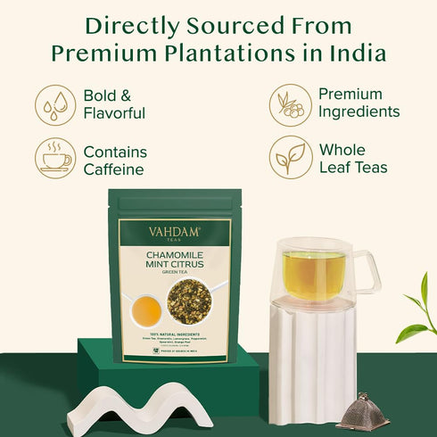 (50+ 3.5 oz) VAHDAM, Chamomile Mint Citrus Green Tea Leaves Cups, Essential Herbs | Green Tea Leaves, Chamomile