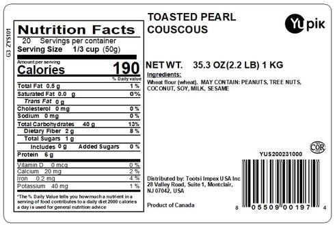 2.2 Lb, Yupik Toasted Pearl Couscous, Canadian, Vegan, Kosher, Cholesterol-Free, Sodium-Free, Good Source Of Protein