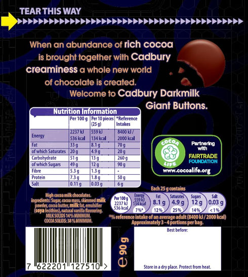 Cadbury 90g (Pack 10) Darkmilk Giant Buttons Rich & Creamy Bag
