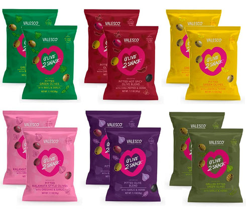 Valesco, O'Live 2 Snack Pitted Olives Variety Pack, 6 Flavors, 1 oz