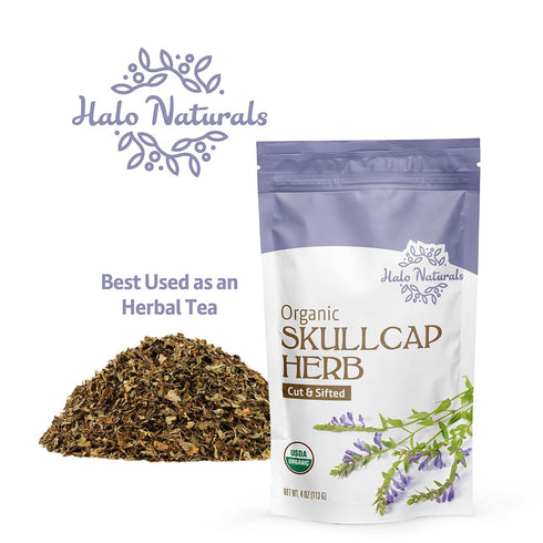 Halo Naturals 4 Packaged (Pack 1) Organic Skullcap Herb Cut & Sift, Ounces (Scutellaria lateriflora) USDA Certified |