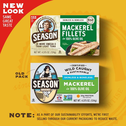 20g 4.37 Oz, 12-Pack Season Mackerel in Olive Oil - Skinless & Boneless, Wild Caught Fish, Keto Snacks, Canned Mackerel