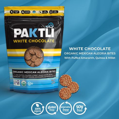 4-Pack 2oz Paktli Organic Alegra Bites White Chocolate Covered Ancient Grains, Four Bags, Organic Amaranth, Quinoa