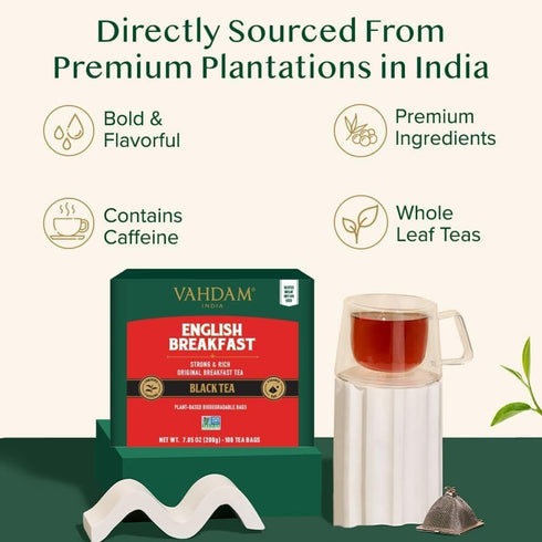 VAHDAM English Breakfast Black Tea Bags (100 Count) - High Caffeine, Strong, Robust Pyramid Tea Bags