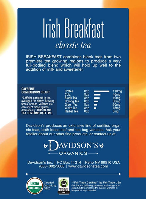 8-count Pack 12 Davidson's Organics, Irish Breakfast, Tea Bags