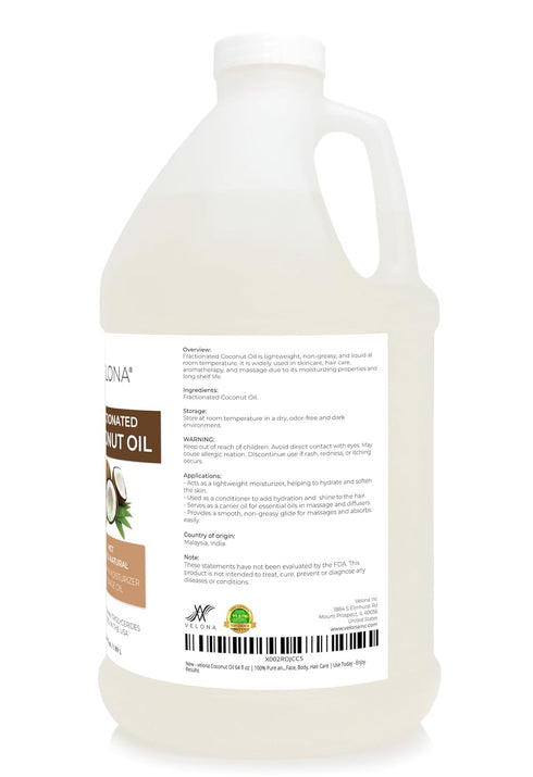 64 Oz 100% velona MCT Coconut Oil Fl | Pure and Natural Carrier Oil | Fractionated | Skin, Face, Body, Hair Care | Use