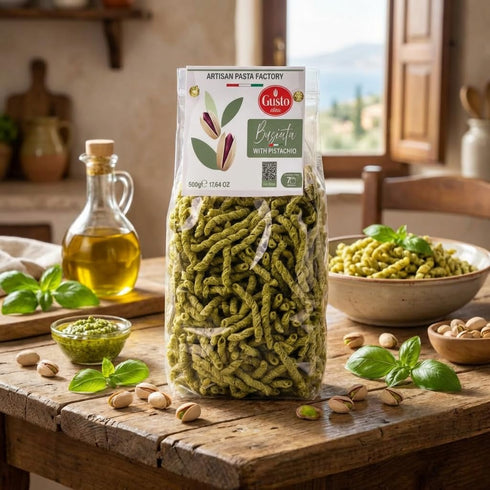 (500 GUSTO ETNA Pistachio Busiata Pasta, Spiral Pasta gr), Artisan Busiate Italian Pasta, Product of Italy, Non GMO