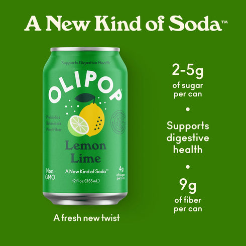 12 oz OLIPOP Prebiotic Soda Pop, Lemon Lime, Prebiotics, Botanicals, Plant Fiber, fl
