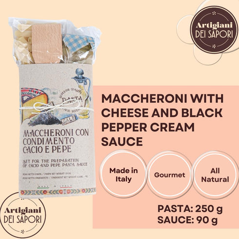 Set, Packaging, ARTIGIANI DEI SAPORI - Pasta Gourmet Gift Macaroni with Cacio Cheese and Black Pepper Sauce in Deluxe